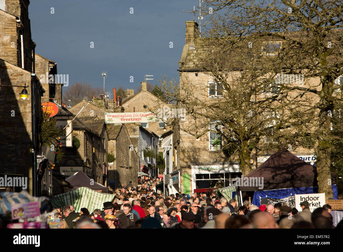 UK, England, Yorkshire, Grassington, Dickensian Festival, crowds of visitors in Main Street Stock Photo