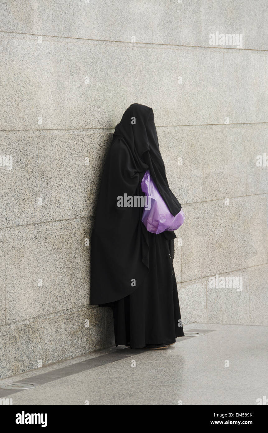 Woman In Black Hijab Standing Against Wall Old Medina Casablanca 