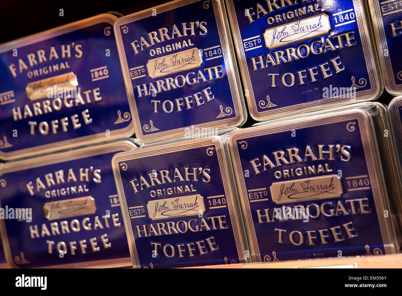 UK, England, Yorkshire, Harrogate, Montpellier Hill, Farrahs sweet shop at Christmas, tins of toffee Stock Photo