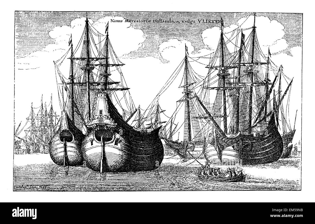 Dutch 'Potbellies', merchant vessels. After an etching by Wenzel Hollar Stock Photo