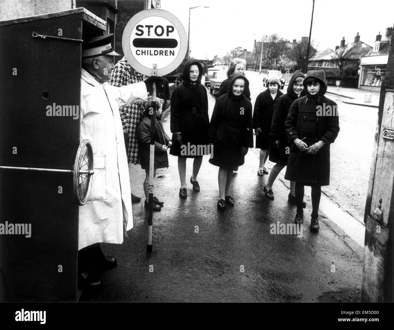 Lollipop man Thomas Glen, aged 72, in his mobile sentry box. 10th March 1967. Stock Photo