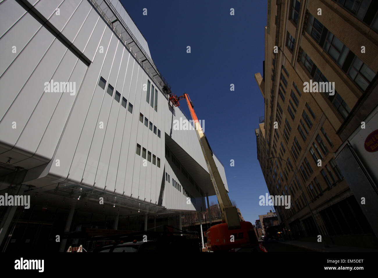 New York, USA. 15th Apr, 2015. Construction workers putting finishing touches on the new Whitney Museum of American Art building at Washington Street and Gansevoort Street, in New York City's Meatpacking District at the end of the High Line.   Designed by architect Renzo Piano, the 200,000-square-foot space will open to the public on May 1st, 2015        London 2012  - Olympics:   Swimming Practice        London 2012  - Olympics:  Diving Practice.        London 2012  - Olympics:  Swimming Practice. Credit:  Adam Stoltman/Alamy Live News Stock Photo