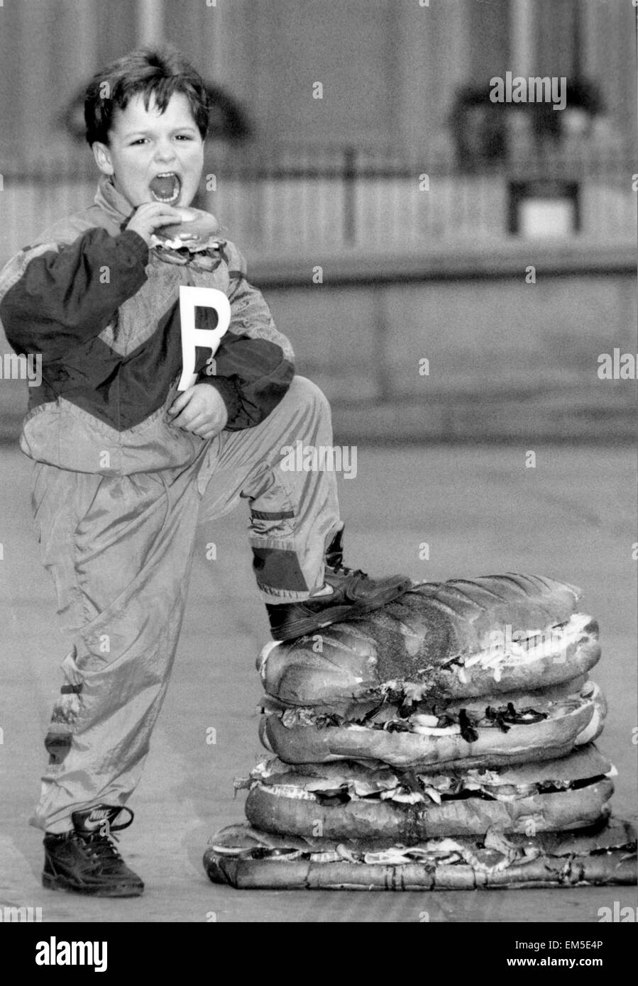 6 year old Billy Sicklemore enjoying the biggest ever B.L.F sandwich in Trafalgar Square. 2nd Feb 1992. Stock Photo