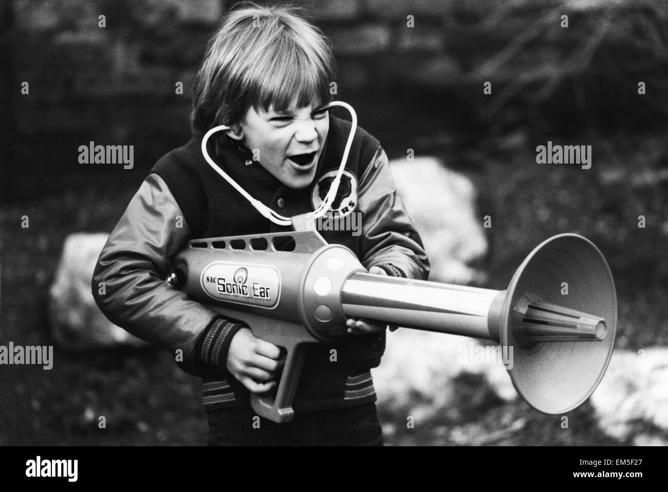 Seven year old Matthew Allen tries out his new sonic laser gun. 29th January 1979. Stock Photo