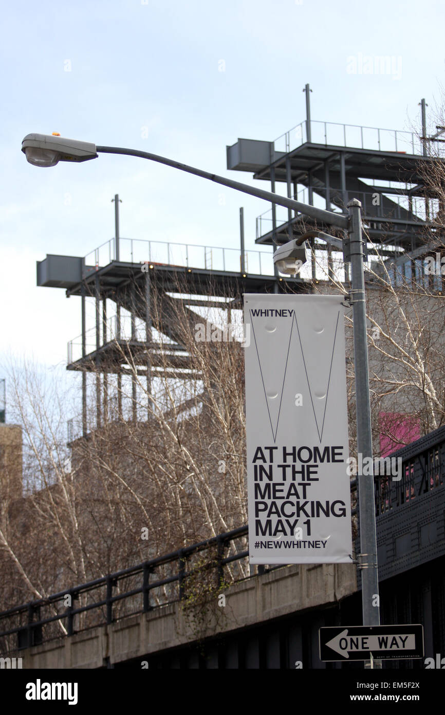 New York, USA. 15th Apr, 2015. Finishing touches are being put on the new Whitney Museum of American Art building at Washington Street and Gansevoort Street, in New York City's Meatpacking District at the end of the High Line, pictured in the foreground.  Designed by architect Renzo Piano, the 200,000-square-foot space will open to the public on May 1st, 2015        London 2012  - Olympics:   Swimming Practice        London 2012  - Olympics:  Diving Practice.        London 2012  - Olympics:  Swimming Practice. Credit:  Adam Stoltman/Alamy Live News Stock Photo