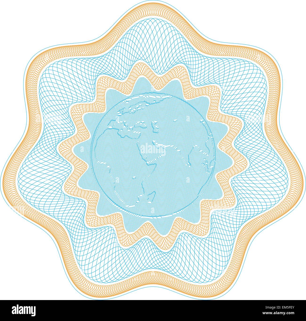 Secured Guilloche rosette with embossed globe, elements are in layers for easy editing Stock Vector