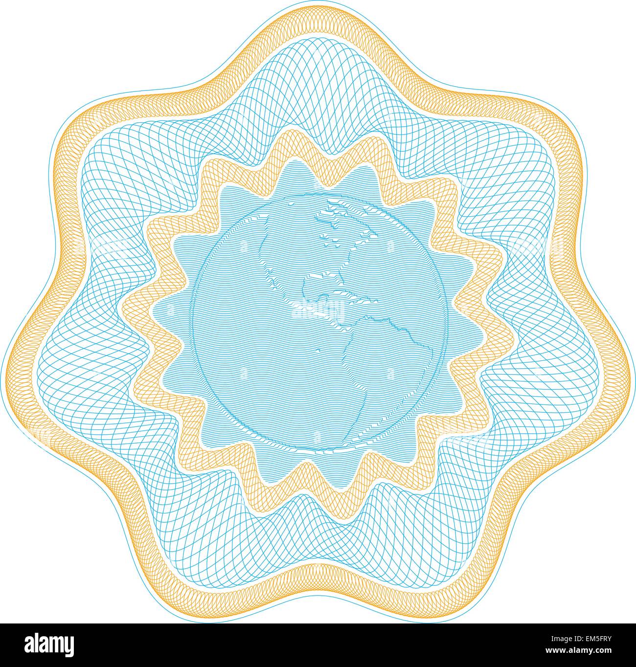 Secured Guilloche rosette with embossed globe, elements are in layers for easy editing Stock Vector