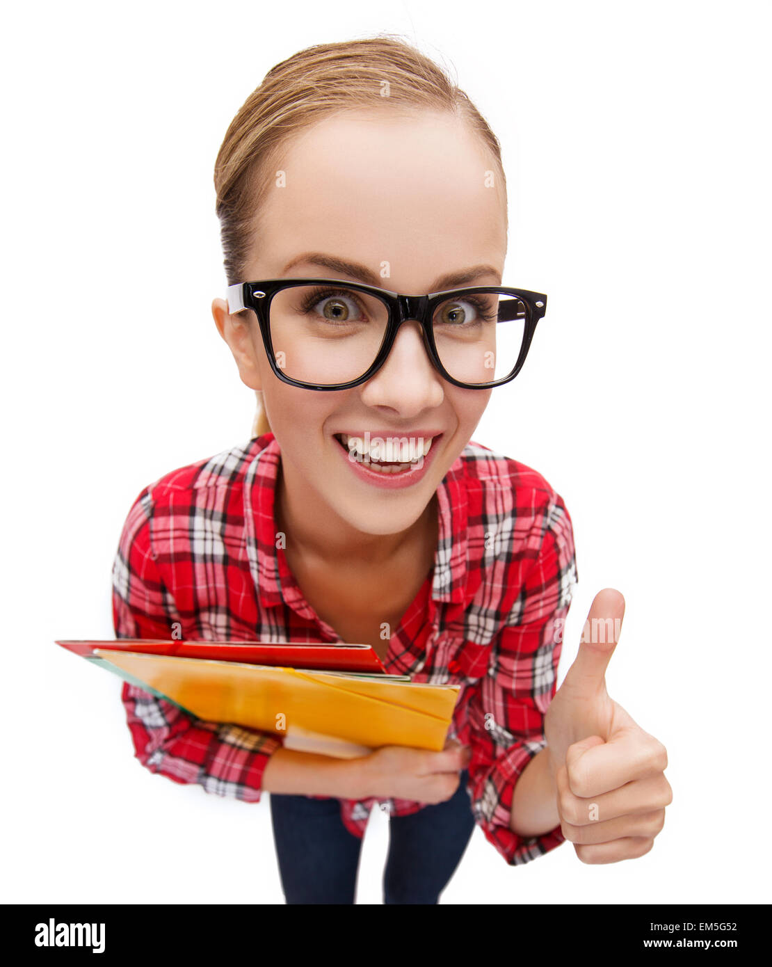 student in glasses with folders showing thumbs up Stock Photo - Alamy