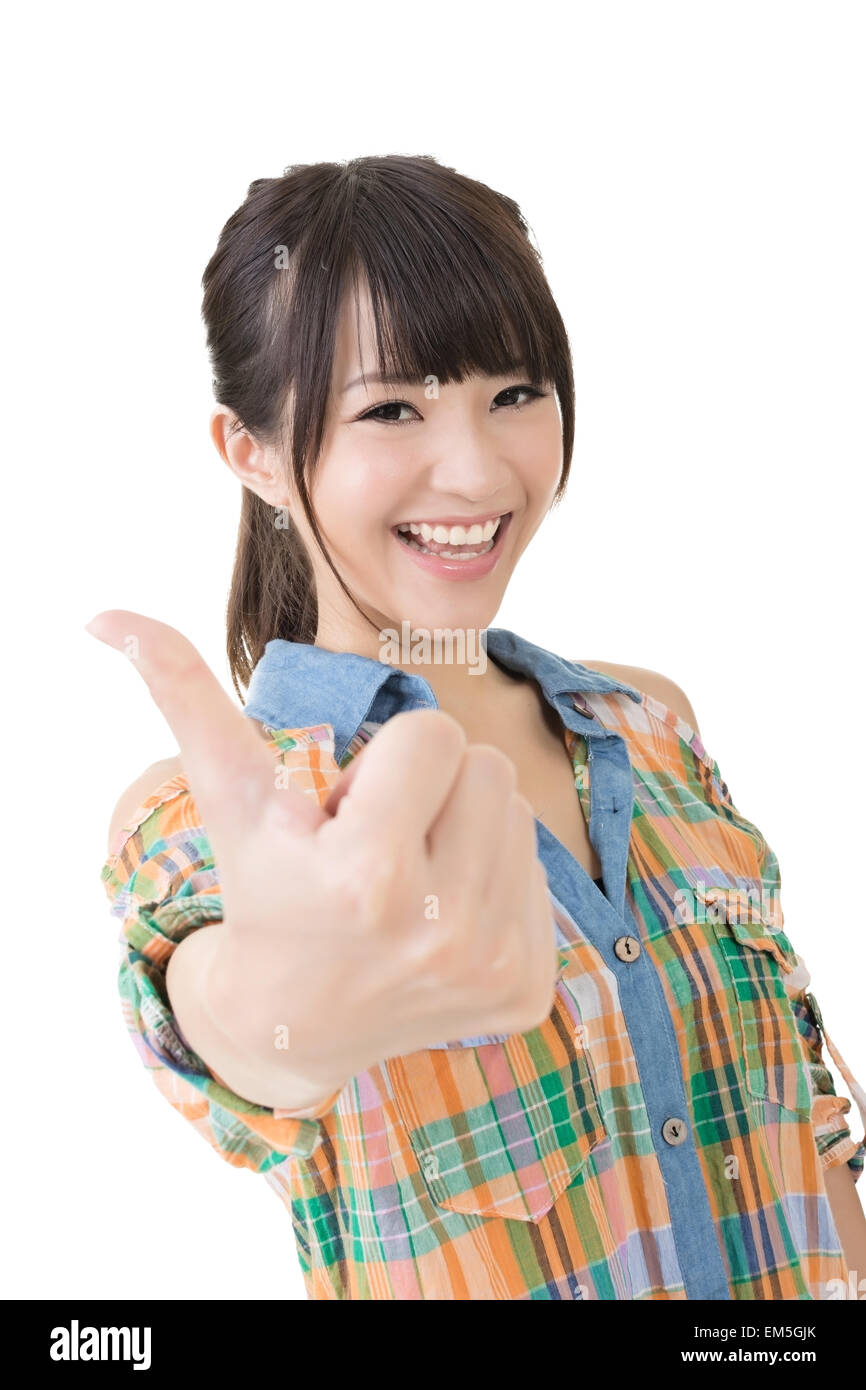 Asian young woman thumbs up Stock Photo - Alamy