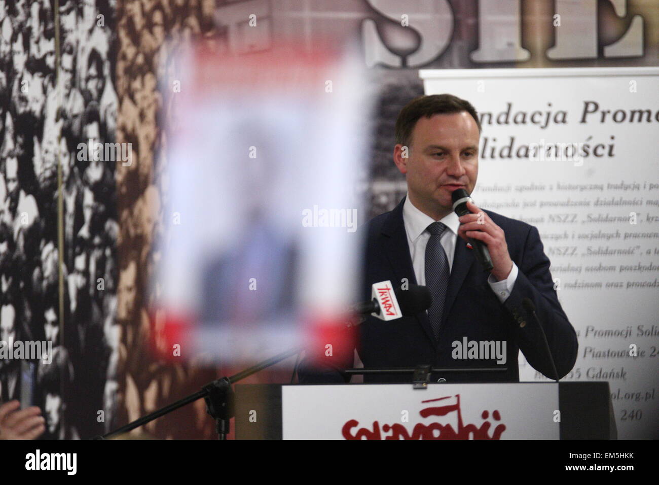 Gdansk, Poland 16th, April 2015 Law and Justice (PiS) party candidate for President of Poland Andrzej Duda visits Gdansk. Duda met with Piotr Duda - Solidarity Union chairman, and his supporters at the historical BHP hall in Gdansk Shipyard. Presidential elections in Poland will be held on May 10. Credit:  Michal Fludra/Alamy Live News Stock Photo