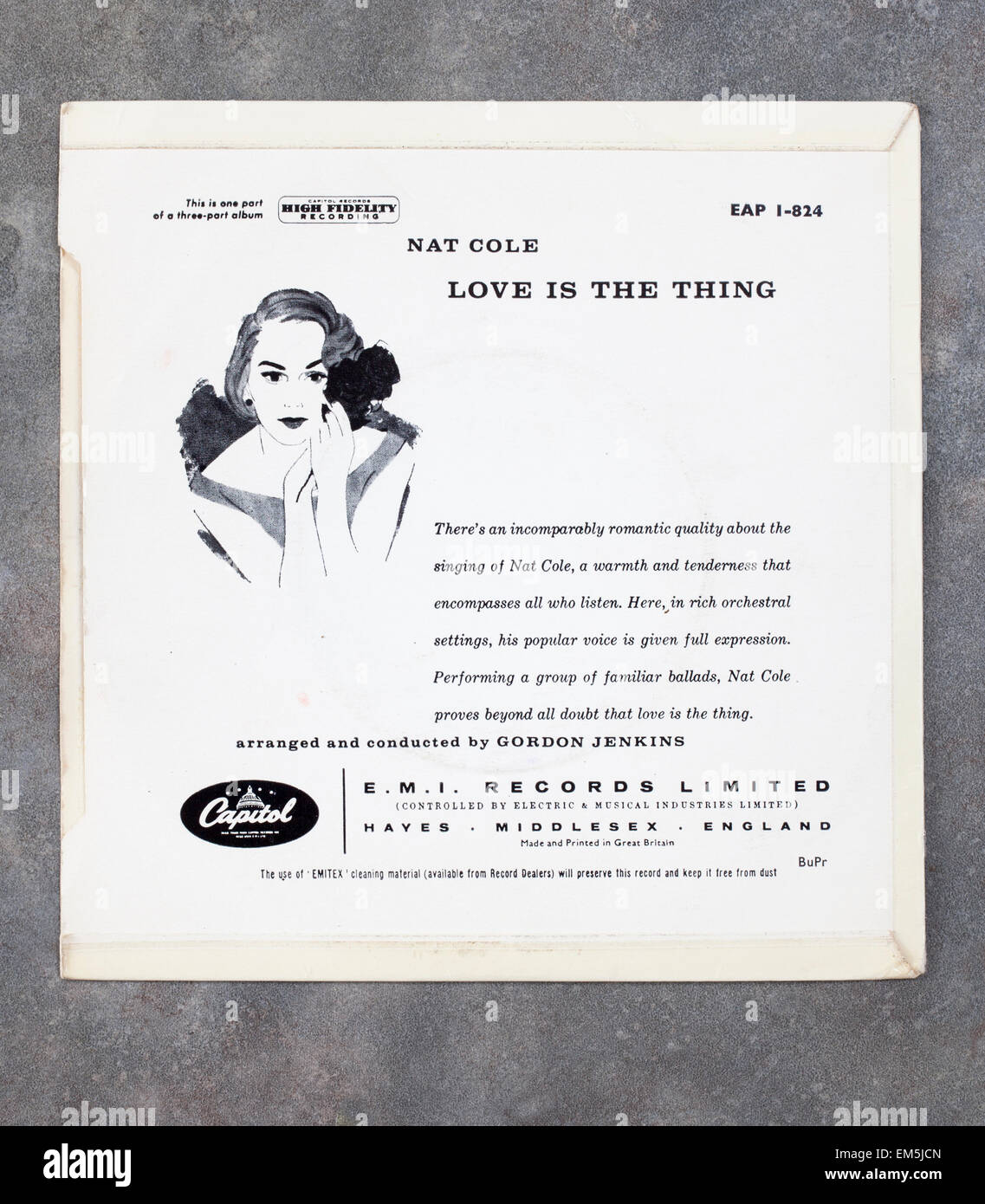 Rear Cover of 'Love is the Thing' 7 inch Vinyl record by Nat King Cole Stock Photo