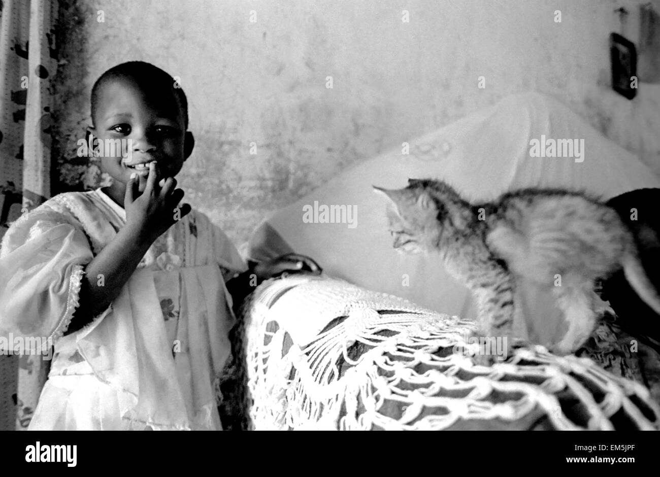 Kenya AIDS. Ikutha, Kitui. A child with a cat. The lack of information and financial resources prevents many families perform di Stock Photo