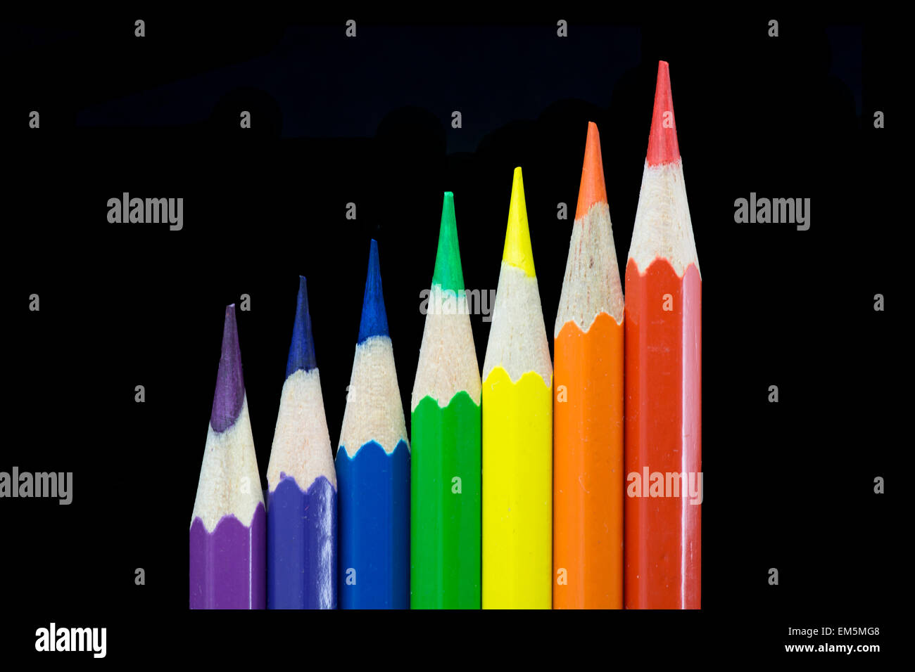 7 coloured pencils arranged according to the colours of the rainbow, i.e. violet, indigo, blue, green, yellow, orange and red. Stock Photo