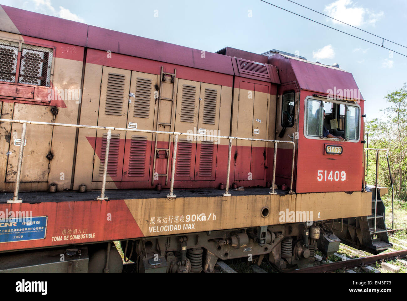 Close up of the of a Chinese diesel train operating in Cuba