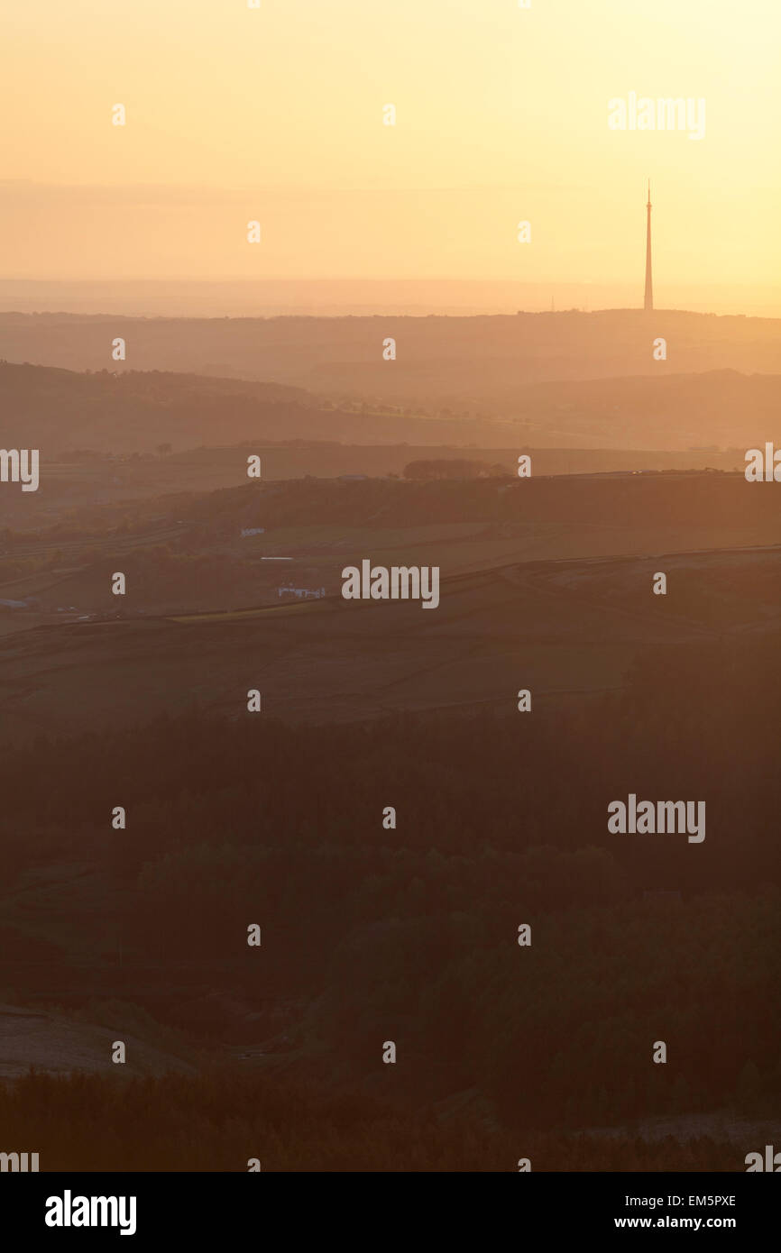 Emley moor transmitting station mast and misty sunrise near Huddersfiled, UK. Stock Photo