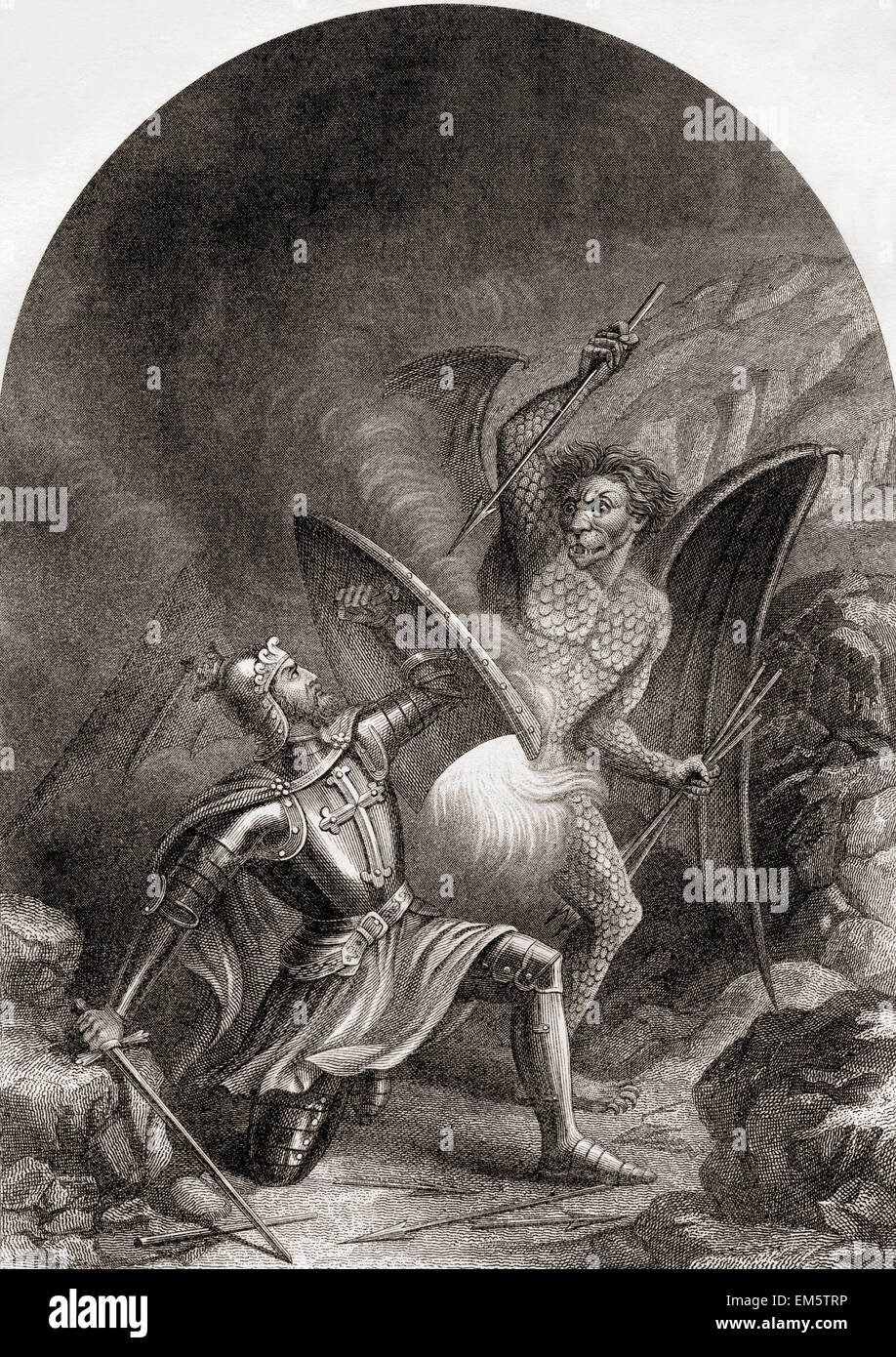 Christian's fight with Appolyon.  From The Pilgrim's Progress by John Bunyan. Stock Photo