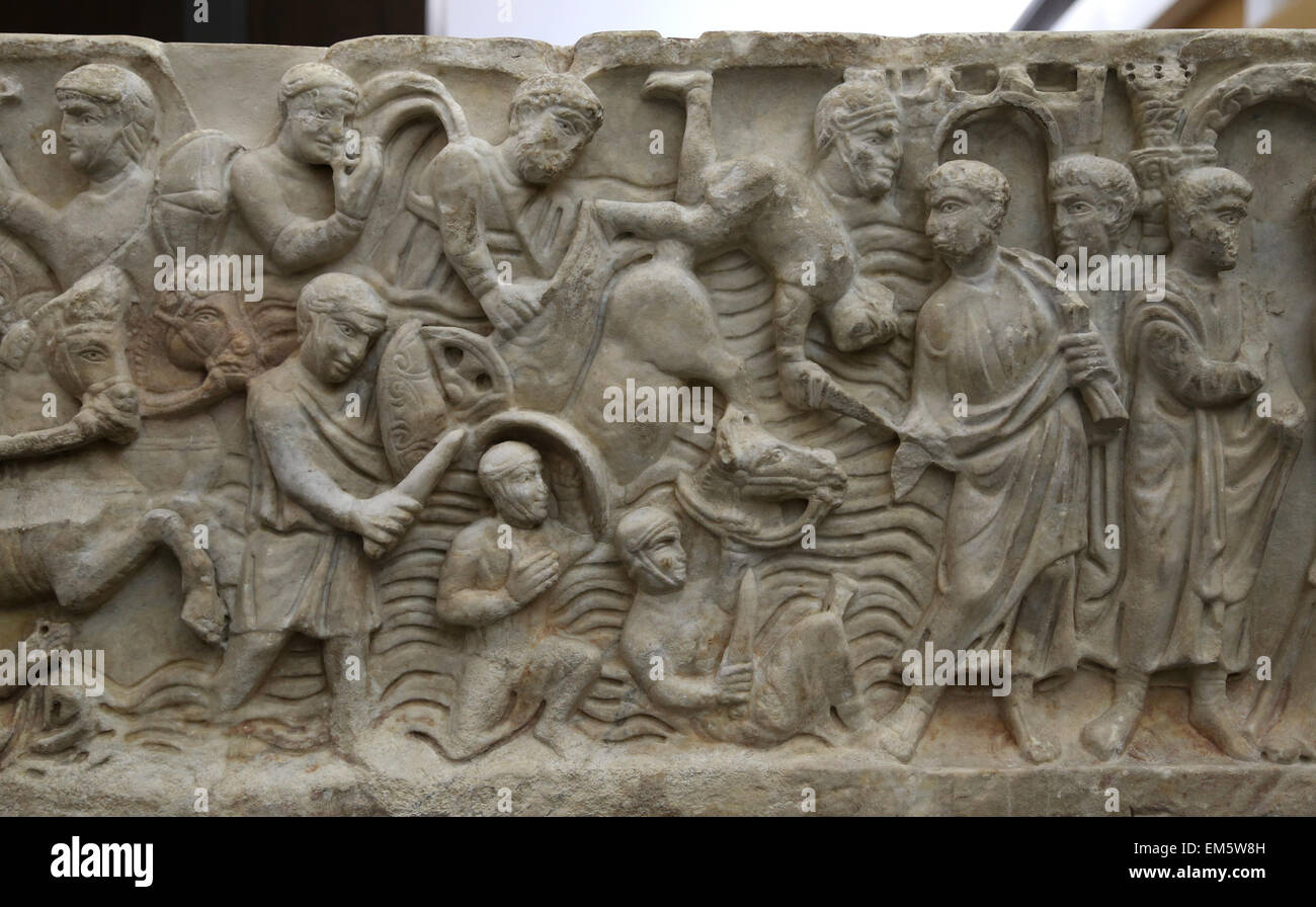 Christian-Roman. Sarcophagus of the crossing of the Red Sea. 4th century AD.  Vatican Museums. City of the Vatican. Stock Photo
