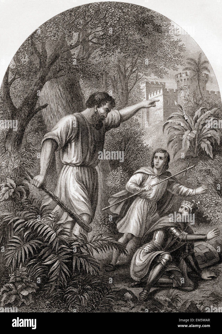 Giant Despair discovers Christian and Hopeful on his grounds. From The
