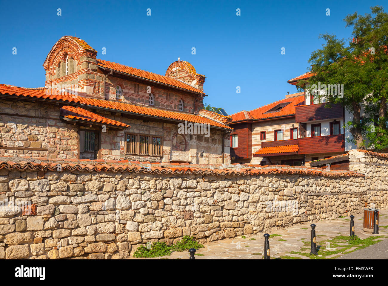 Street view of Nesebar, Bulgaria. Typical revival houses in the old town Stock Photo