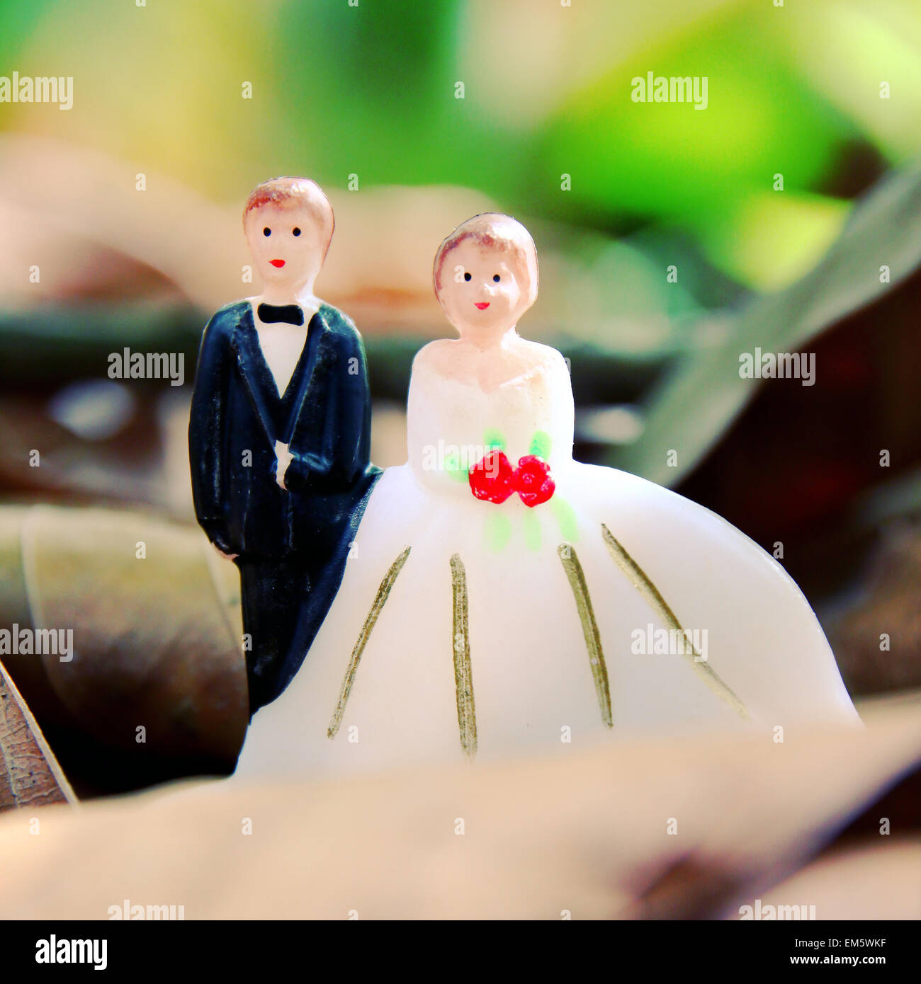 wedding couple doll on leaves ground with retro filter effect ...