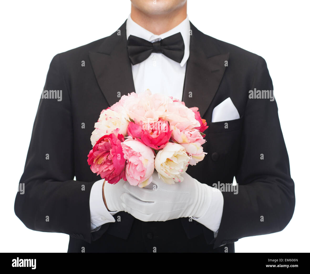 man in tail-coat with flower bouquet Stock Photo