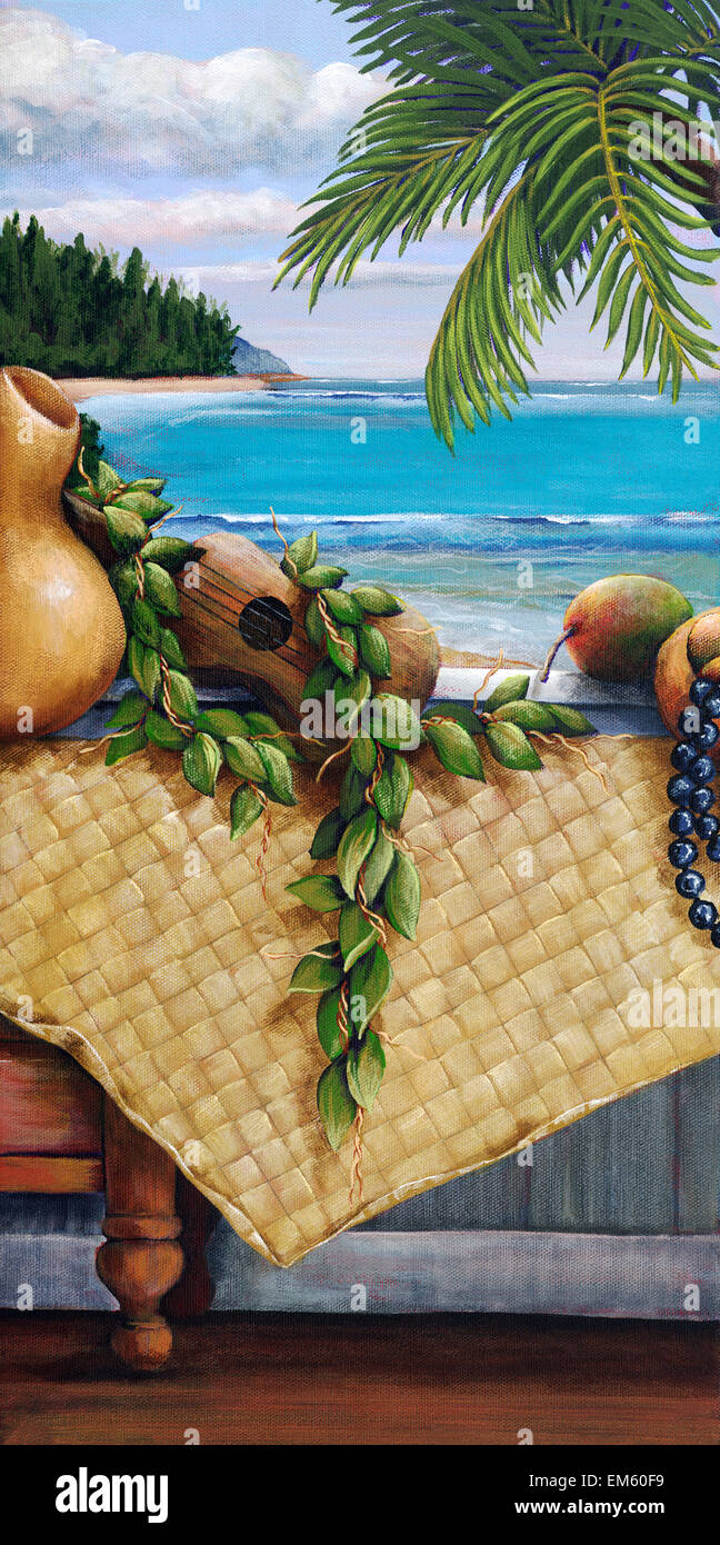 Hawaiian Still Life With Haleiwa On My Mind - Panel 2 Of 3, (Acrylic Painting). Stock Photo