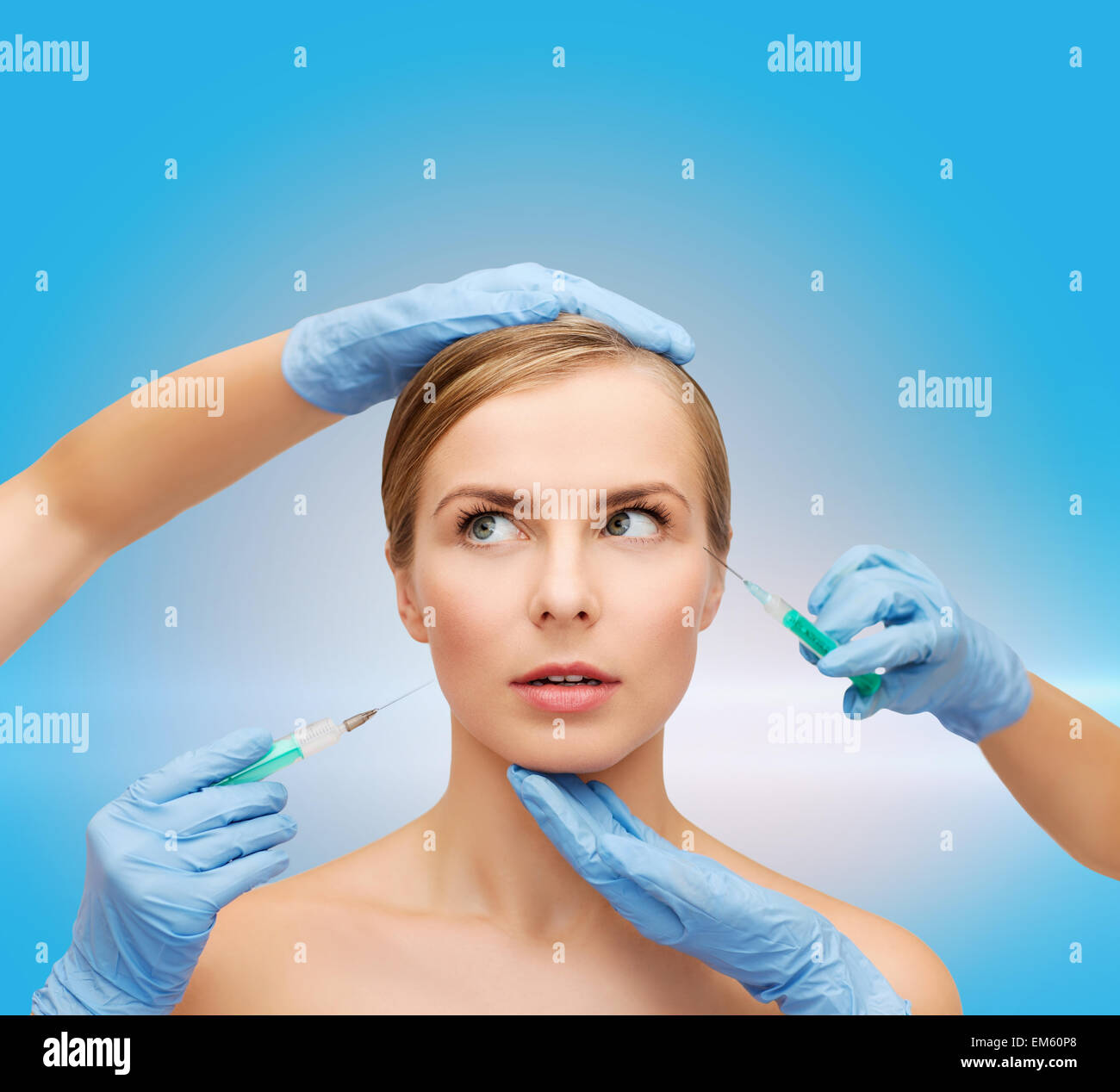 woman face and beautician hands with syringe Stock Photo Alamy