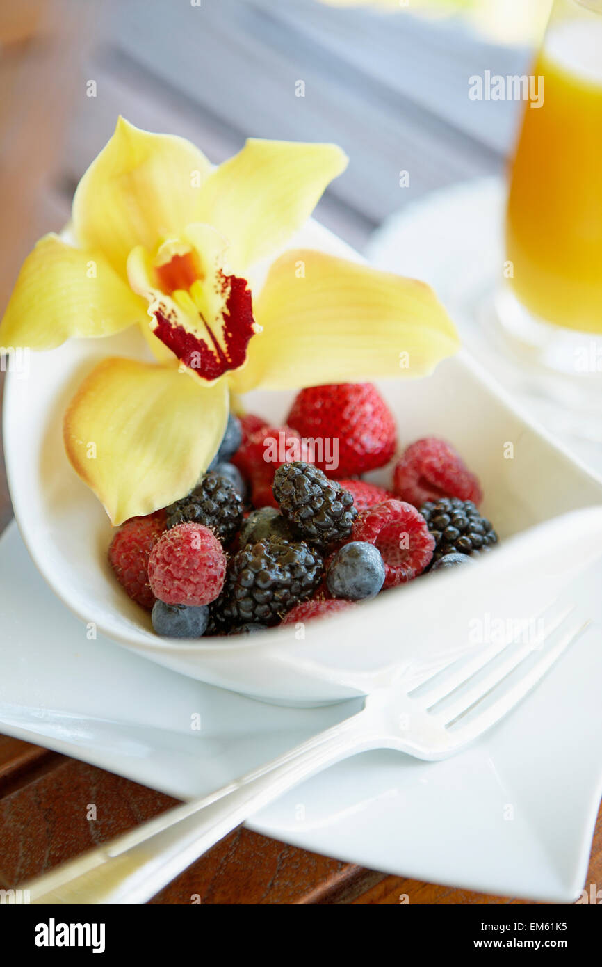 Hawaii, Maui, Balcony, Breakfast Fresh Fruit Bowl With Orchid Garnish