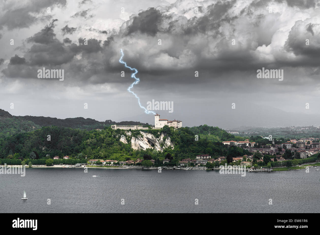 Thunderstorm and lightning over the Fortress of Angera, Varese Stock Photo