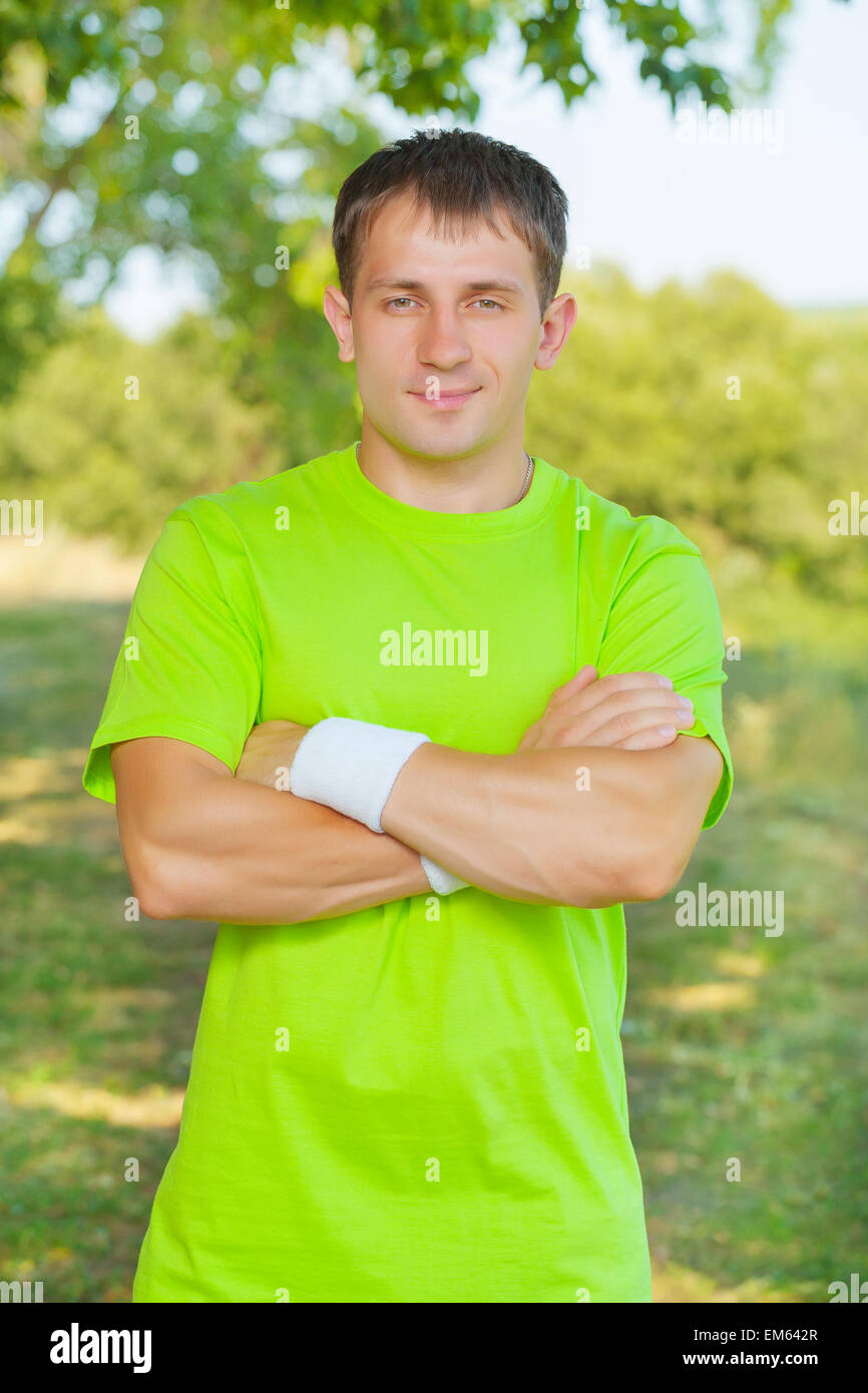 a men wearing in green t-shirt Stock Photo