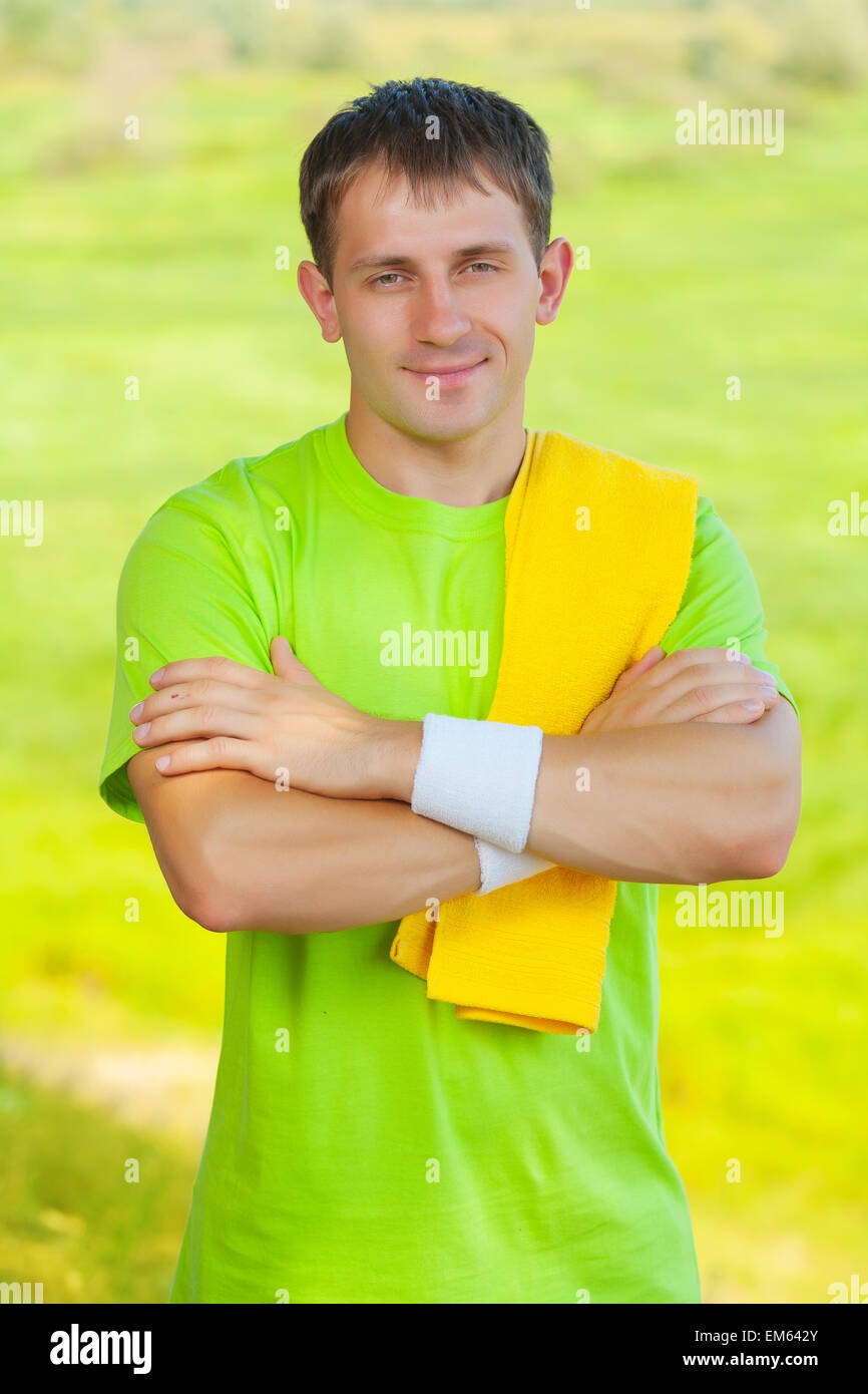 a sportsman with yellow cottton towel Stock Photo
