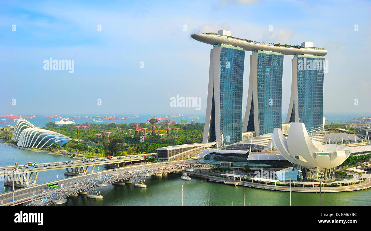 Marina Bay Sands, Garden by the bay and ships in the harbor in Singapore. Stock Photo