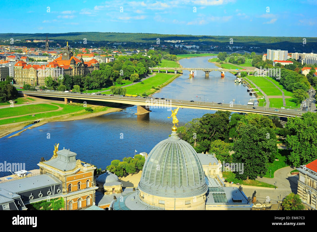 Aerial view to Elbe river from Frauenkirche. Dresden, Germany Stock Photo