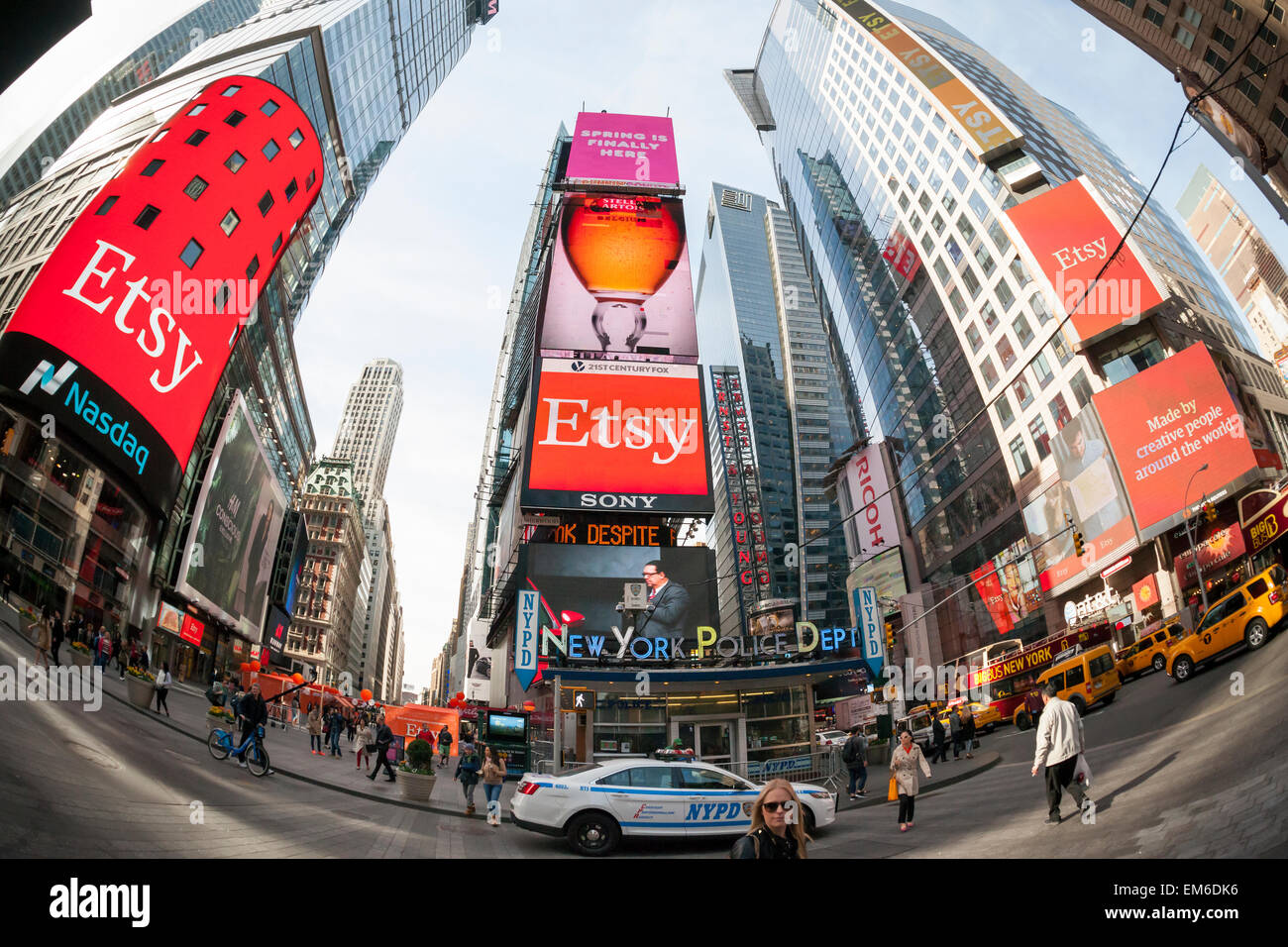 New York, USA. 16th April, 2015. Giant electronic billboards in Times