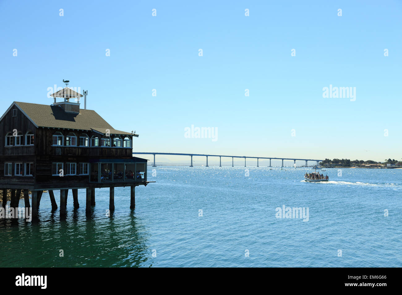 A photograph of Pier Cafe in San Diego at Seaport Village. The San Diego Pier Cafe, a San Diego landmark. Stock Photo