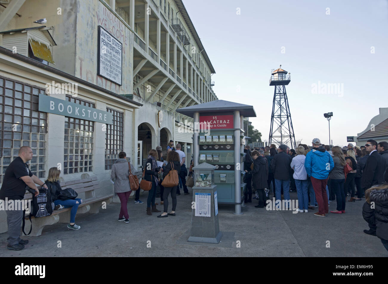 Alcatraz, crowd of tourist gather in front of Prison entrance after leaving boat from San Francisco. Ranger giving introduction. Stock Photo