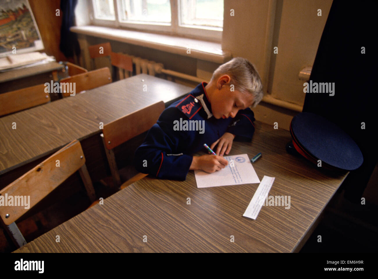A young Russian Don Cossacks student during class at the Don Cossack Military School in Novocherkassk, Russia. Stock Photo