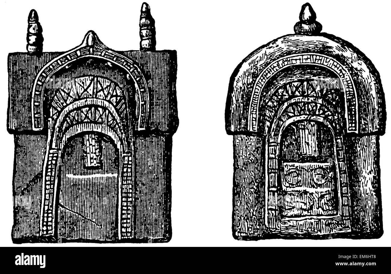 Sleep cells of Buddhist monks. After the presentation on a bas-relief Bharhut . According to Fergusson , 'Ind. & East Arch. ' Stock Photo