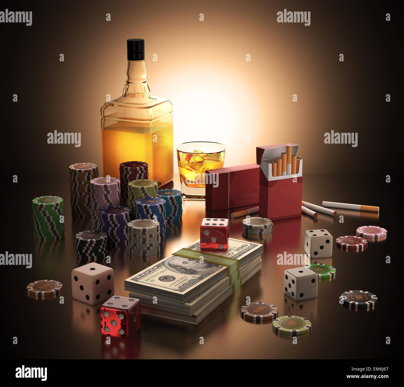 Objects concepts of gambling addiction, drinking and smoking. Clipping