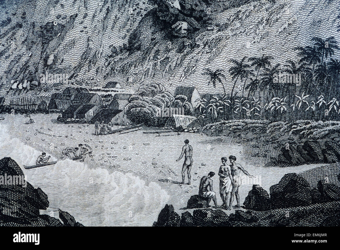 C.1779, John Webber Art, Kealakekua Bay And Hawaiian People. Stock Photo