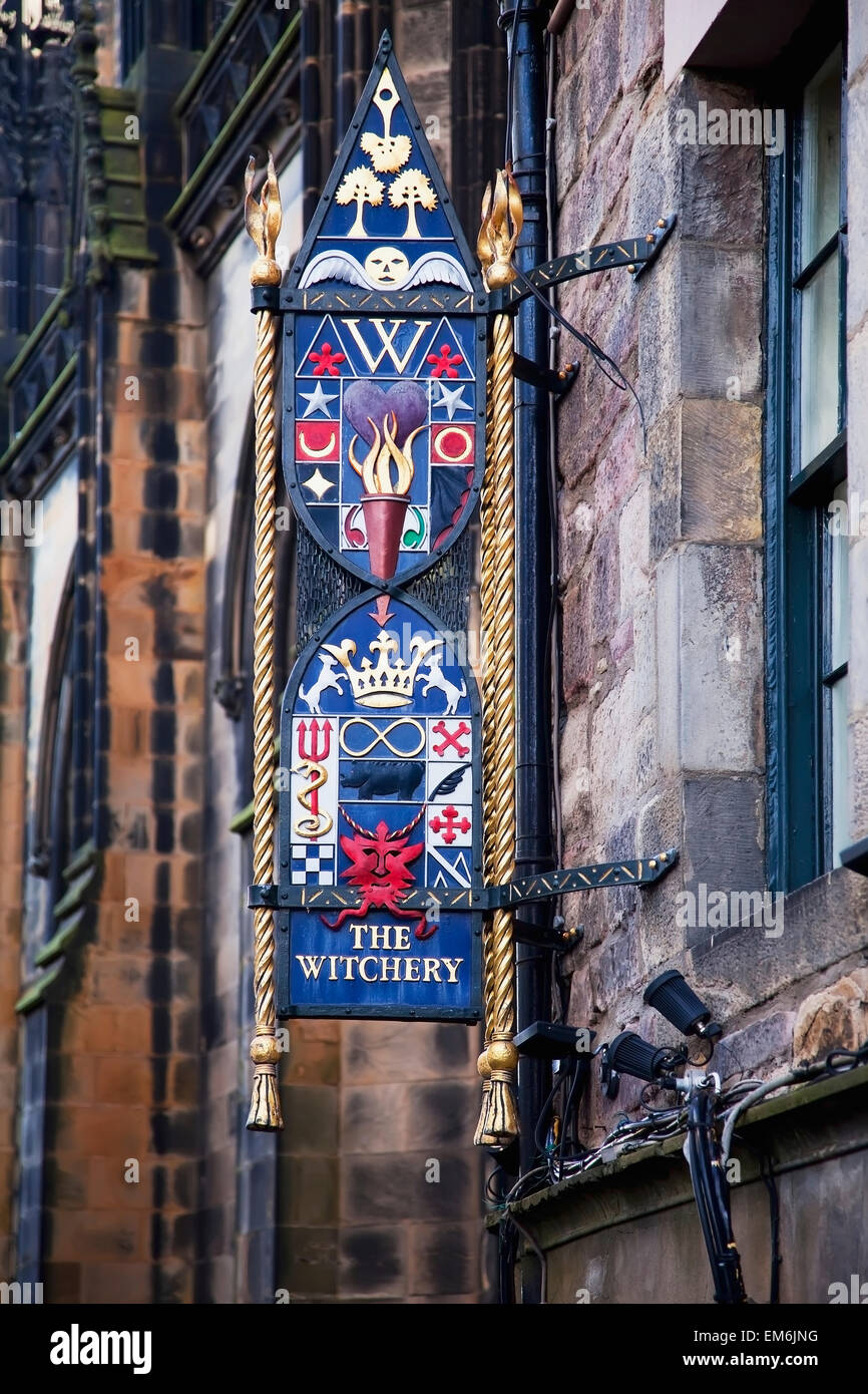 United Kingdom, Scotland, Commercial sign of Witchery by Castle; Edinburgh Stock Photo