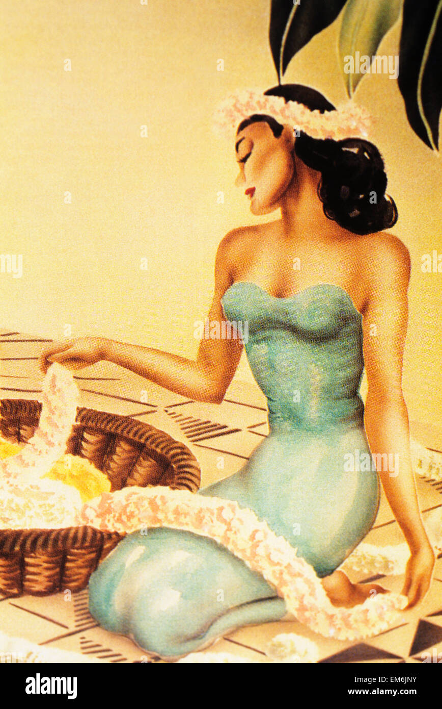 Painting of a woman making a lei Stock Photo
