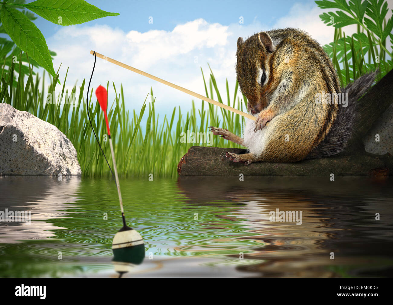 Funny chipmunk fishing with fishing-rod, angler concept Stock Photo