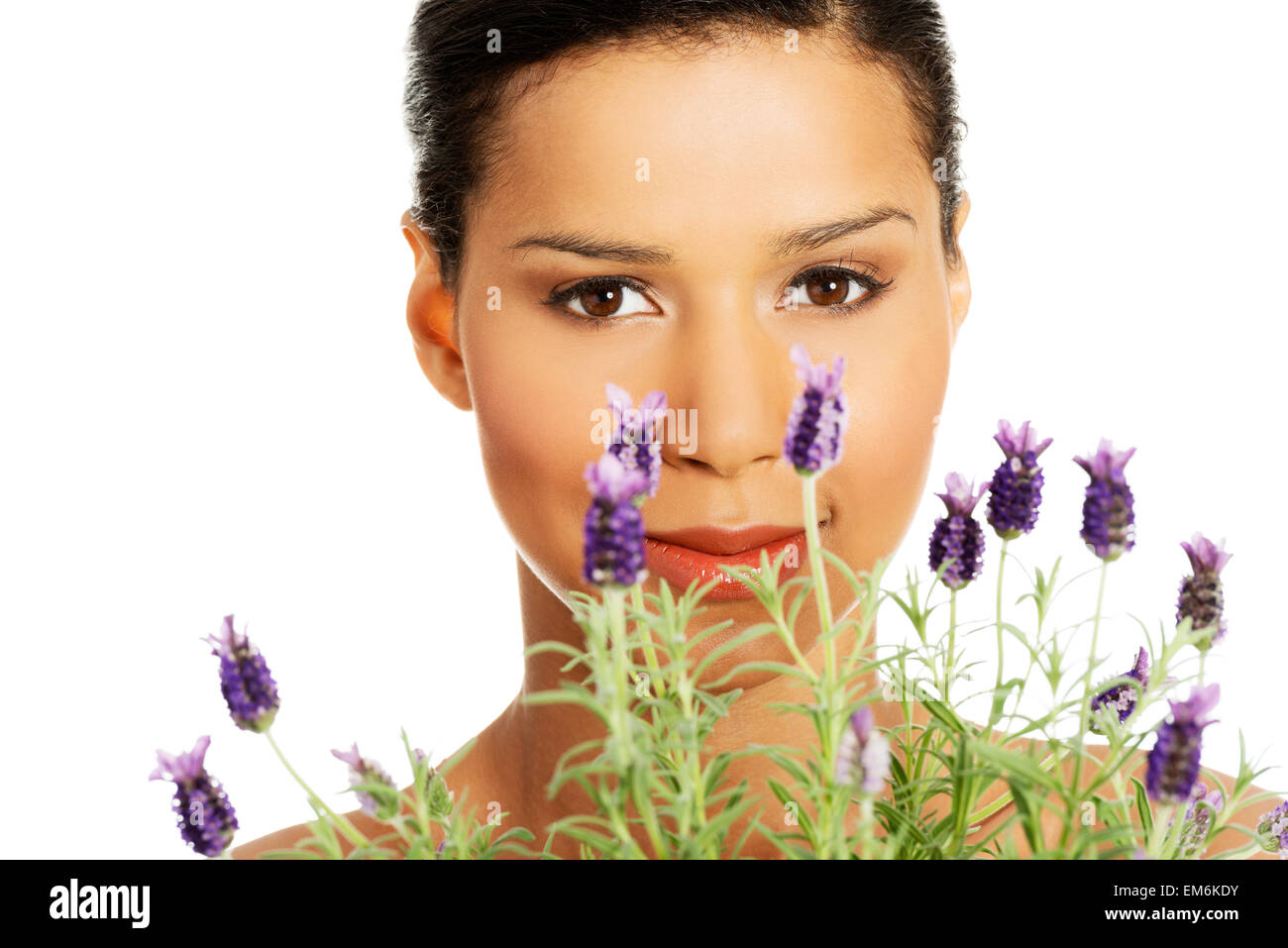 Beautiful girl smell lavender flowers Stock Photo Alamy