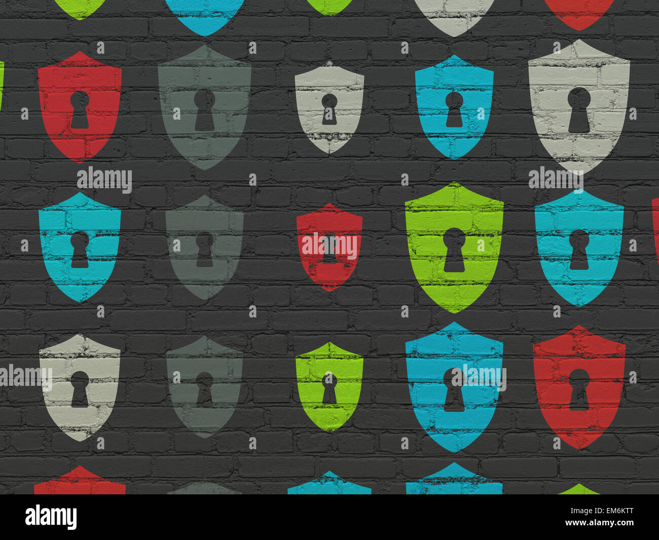 Safety concept: Shield With Keyhole icons on wall background Stock ...