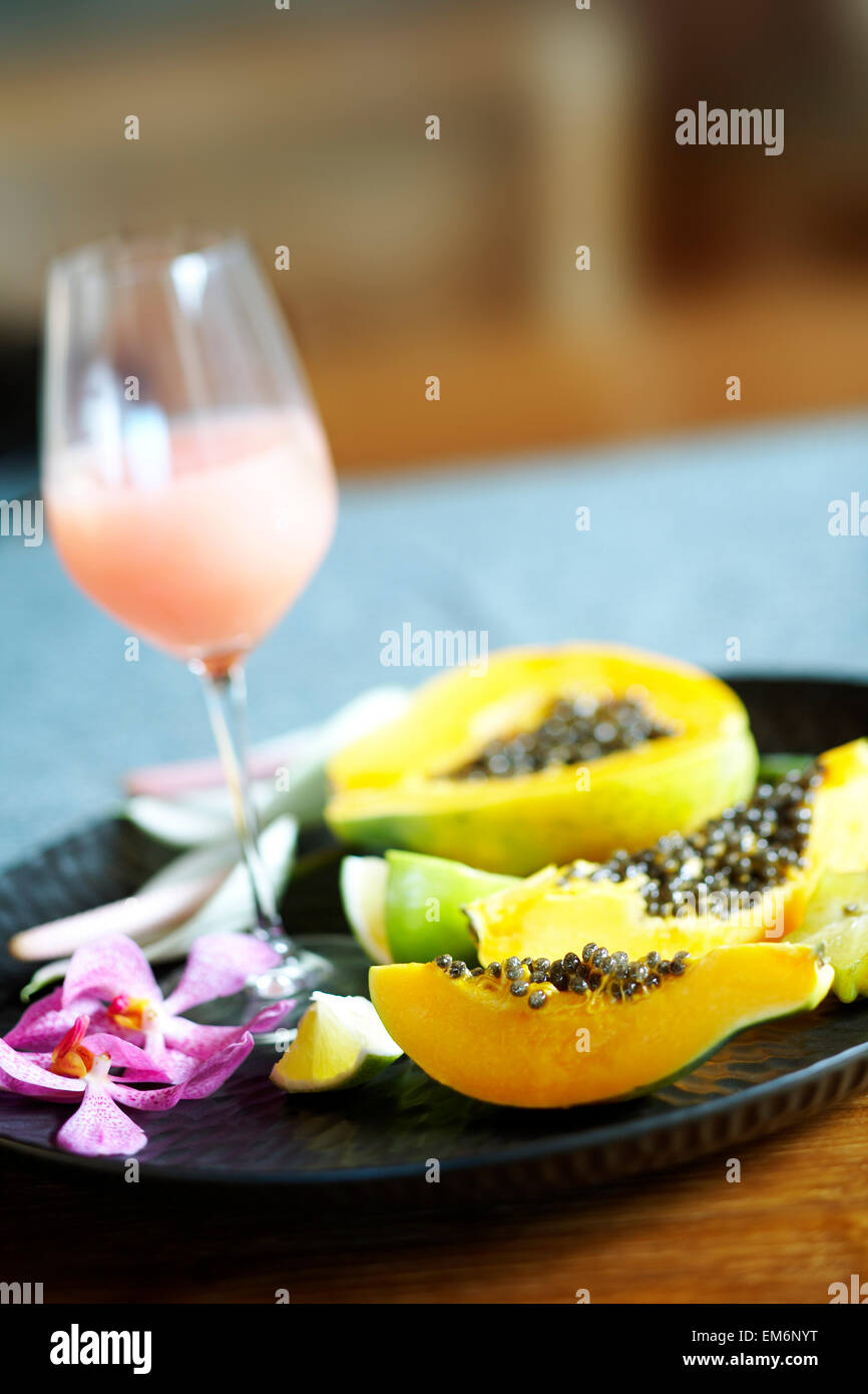 Hawaii, Oahu, Breakfast Plate, Tropical Fruit Arrangement Stock Photo