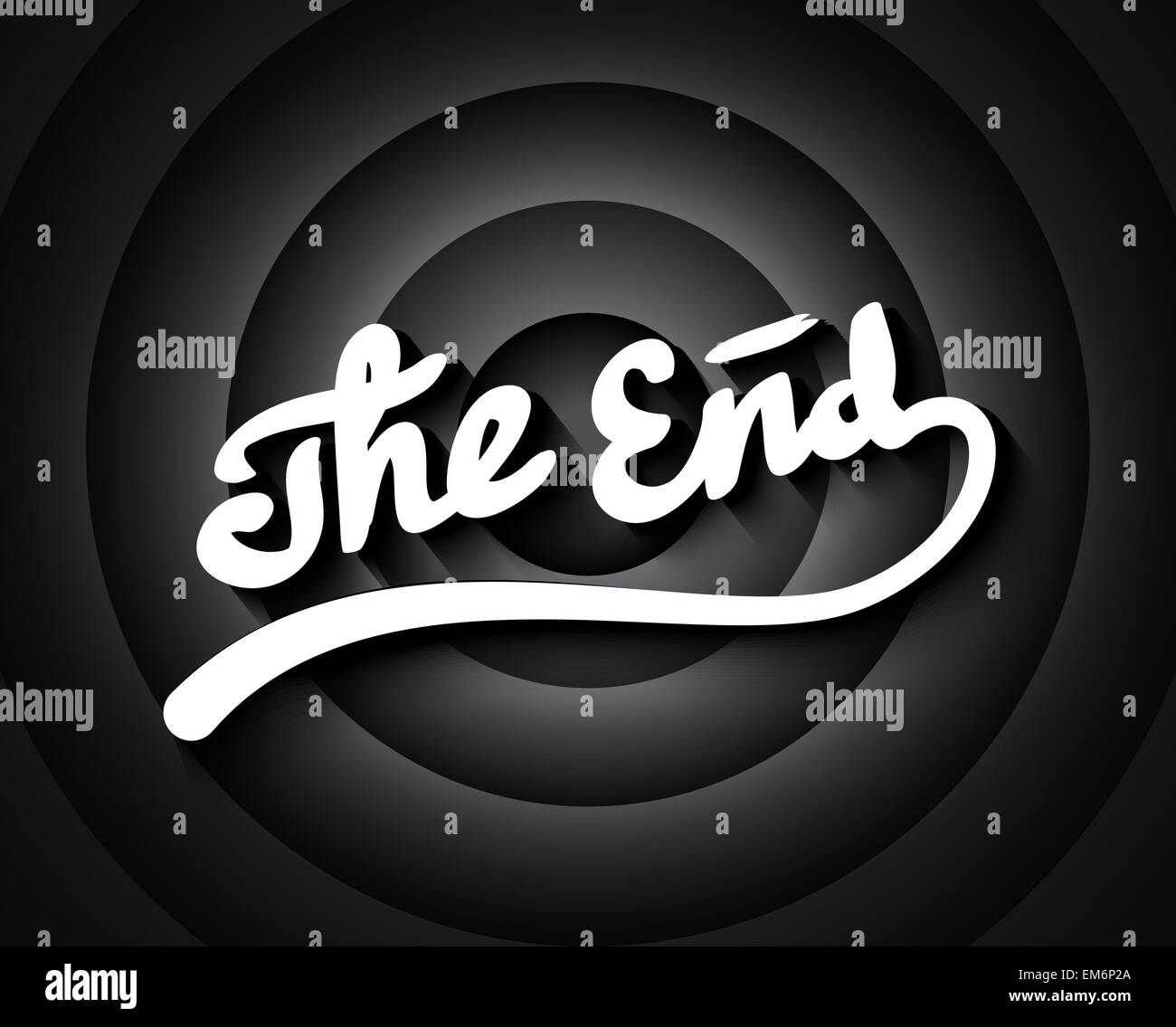 Old movie ending screen with black and white gradient circles background, stylized noir The End lettering Stock Vector
