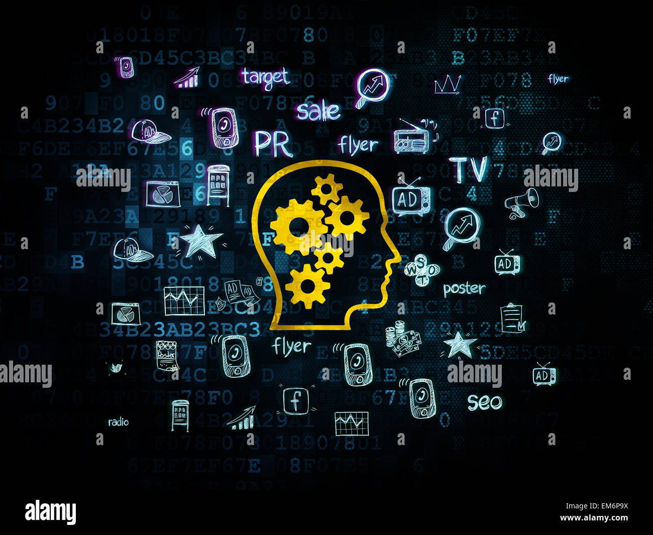 Advertising concept: Head With Gears on Digital background Stock Photo ...