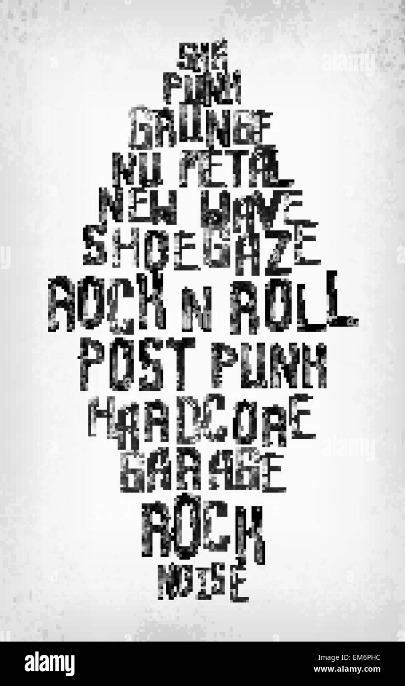 Rock music styles tag cloud, grunge oldschool typography stamp style poster Stock Vector
