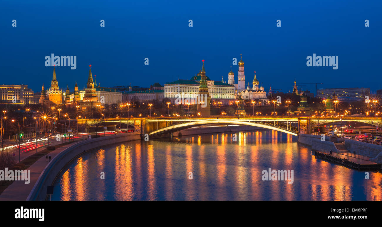 Night panoramic view of Moscow Kremlin, Russia Stock Photo